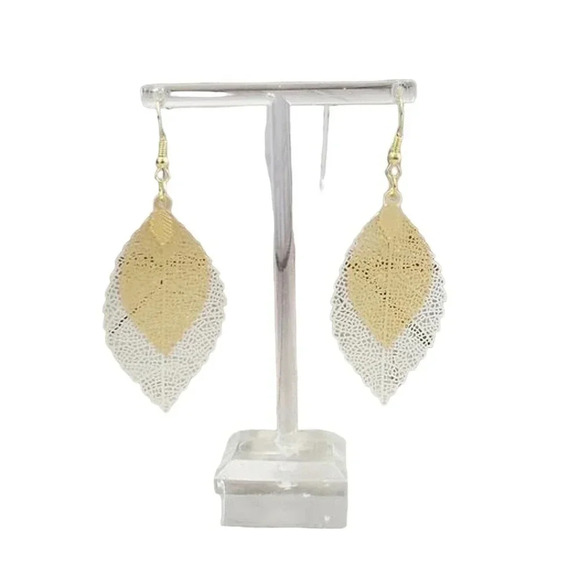Golden and Silver Skeleton Leaf two layer dangle earrings - Picture 1 of 5